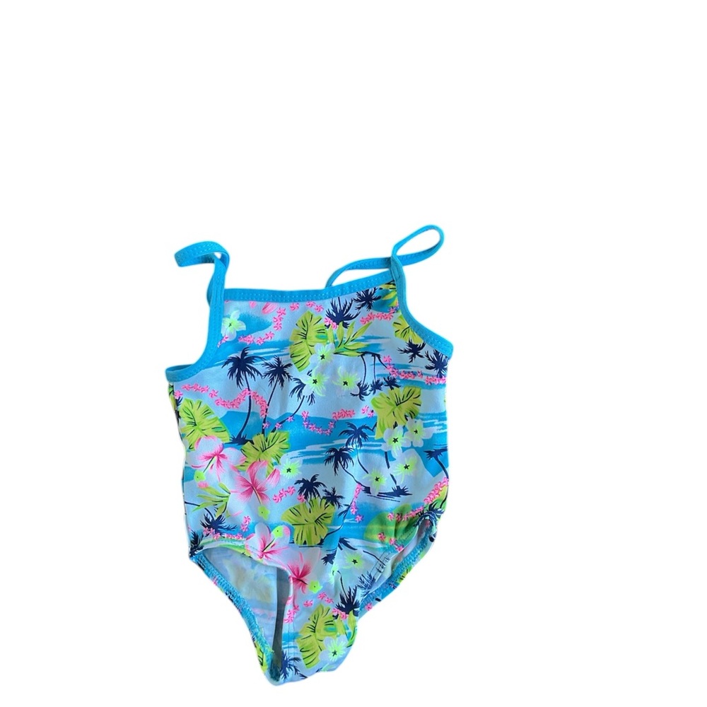 Blue Tropical Floral Girls One-Piece Swimsuit